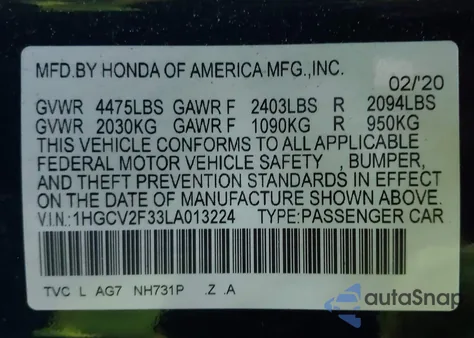 2020 Honda Accord Sport 2.0T z USA, uszkodzony, nr VIN 1HGCV2F33LA013224